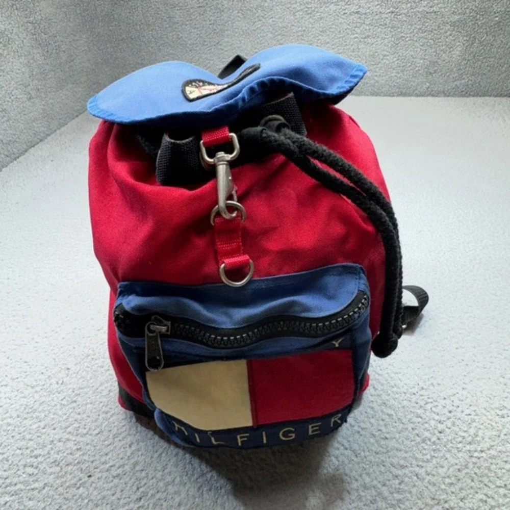 VINTAGE Tommy Hilfiger Backpack Red Blue 90s Alpine Olympics Patch‎ Cinch Canvas